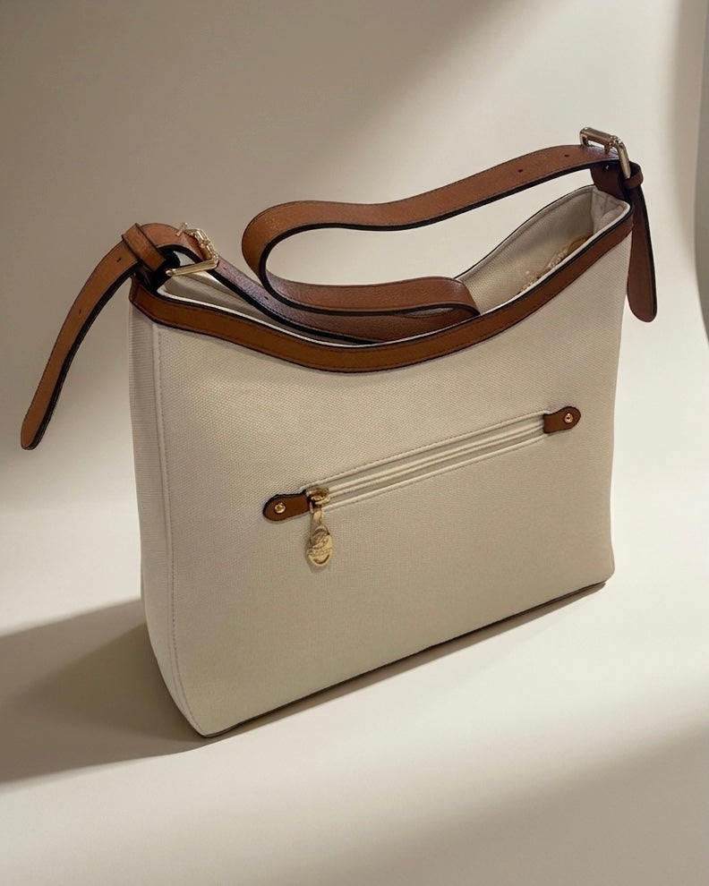 Borsa a spalla Beverly Hills Polo Club bianca con tasca frontale e tracolla color cuoio - Buttò Calzature - retro.