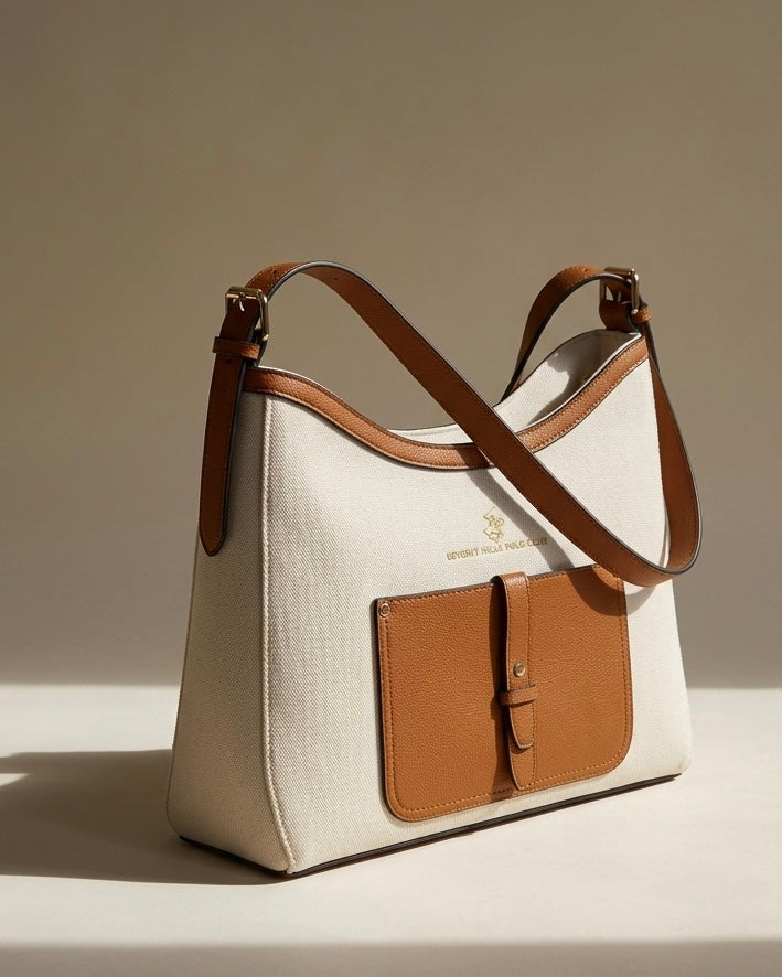 Borsa a spalla Beverly Hills Polo Club bianca con tasca frontale e tracolla color cuoio - Buttò Calzature.