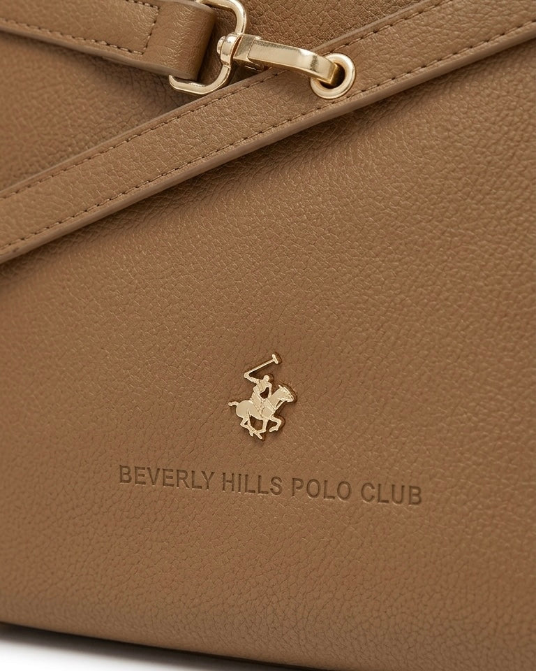 Borsa a spalla Beverly Hills Polo Club color marrone con dettaglio frontale a cinturino e moschettone dorato - Buttò Calzature - logo.