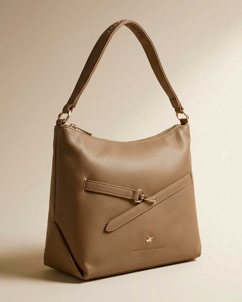 Borsa a spalla Beverly Hills Polo Club color marrone con dettaglio frontale a cinturino e moschettone dorato - Buttò Calzature.