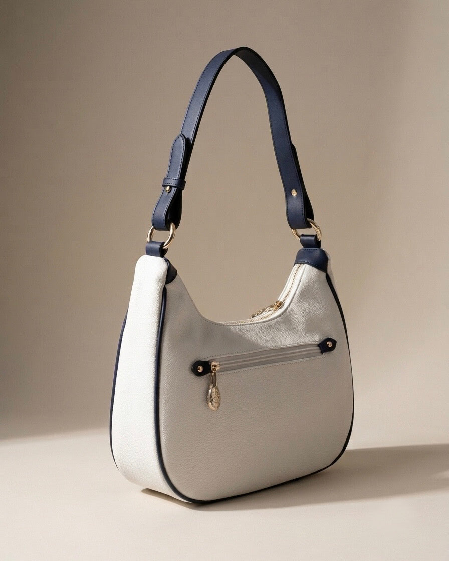 Borsa a spalla modello hobo Beverly Hills Polo Club color avorio panna con profili e manico blu notte a contrasto e logo dorato - Buttò Calzature - retro.