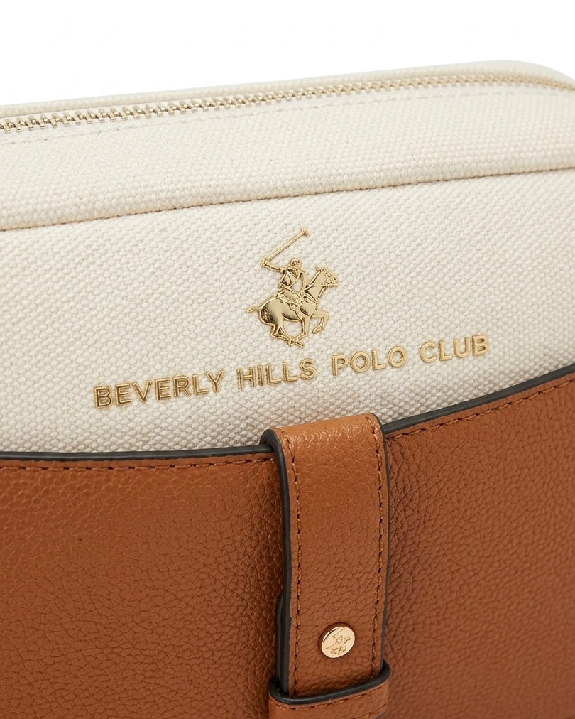 Borsa a tracolla Beverly Hills Polo Club bianca con tasca frontale e tracolla in nastro marrone e bianca - Buttò Calzature - logo.