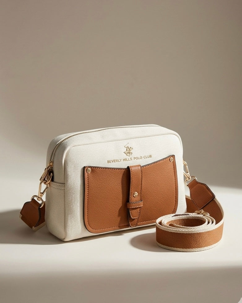 Borsa a tracolla Beverly Hills Polo Club bianca con tasca frontale e tracolla in nastro marrone e bianca - Buttò Calzature.