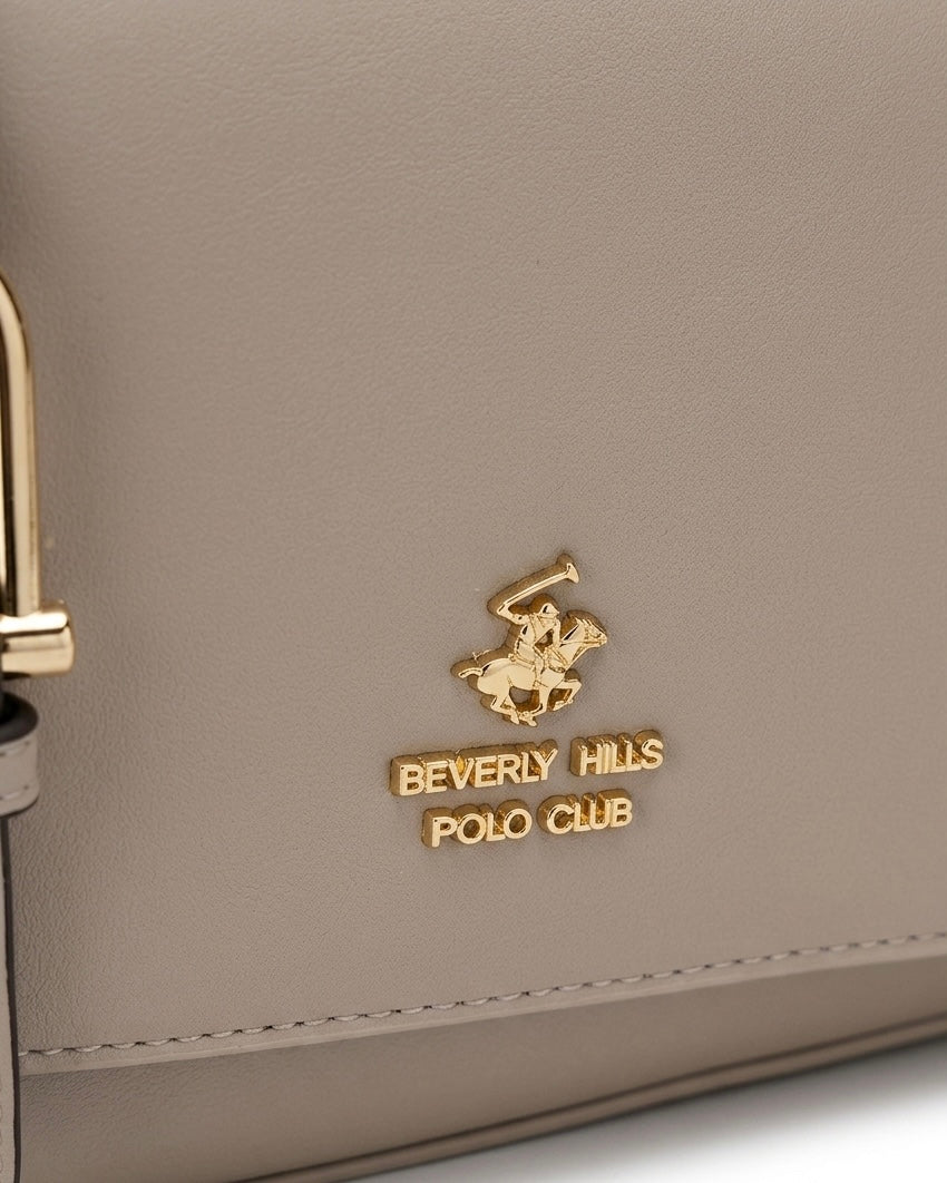 Borsa a tracolla con patta Beverly Hills Polo Club color fango tortora con fibbia a ponte e dettagli dorati - Buttò Calzature - logo.