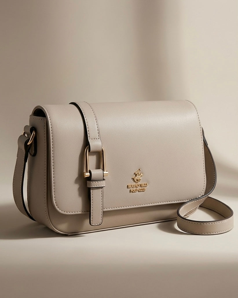 Borsa a tracolla con patta Beverly Hills Polo Club color fango tortora con fibbia a ponte e dettagli dorati - Buttò Calzature.