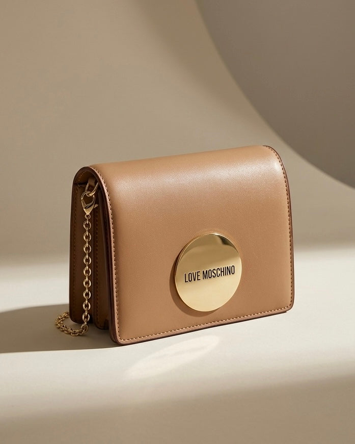 Borsa a tracolla Love Moschino color cuoio con catena dorata e logo circolare gold frontale.