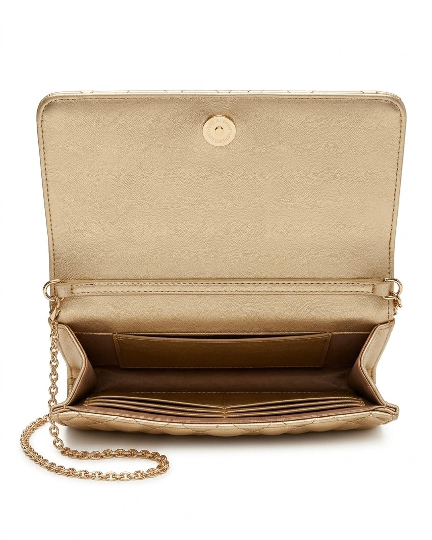 Borsa a tracolla Love Moschino trapuntata color oro con logo lettering e catena dorata-interno.