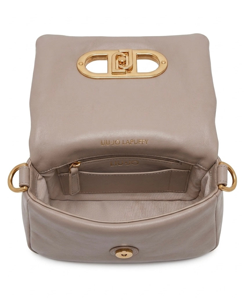 Borse Liu Jo color beige tortora con maxi catena dorata e logo frontale metallic-interno.
