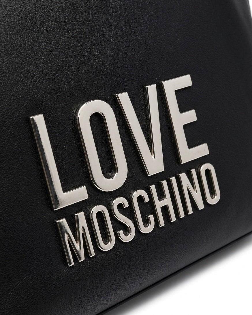 Borse Love Moschino shopping bag nere con manici a catena argentata e maxi logo metallico frontale-logo.