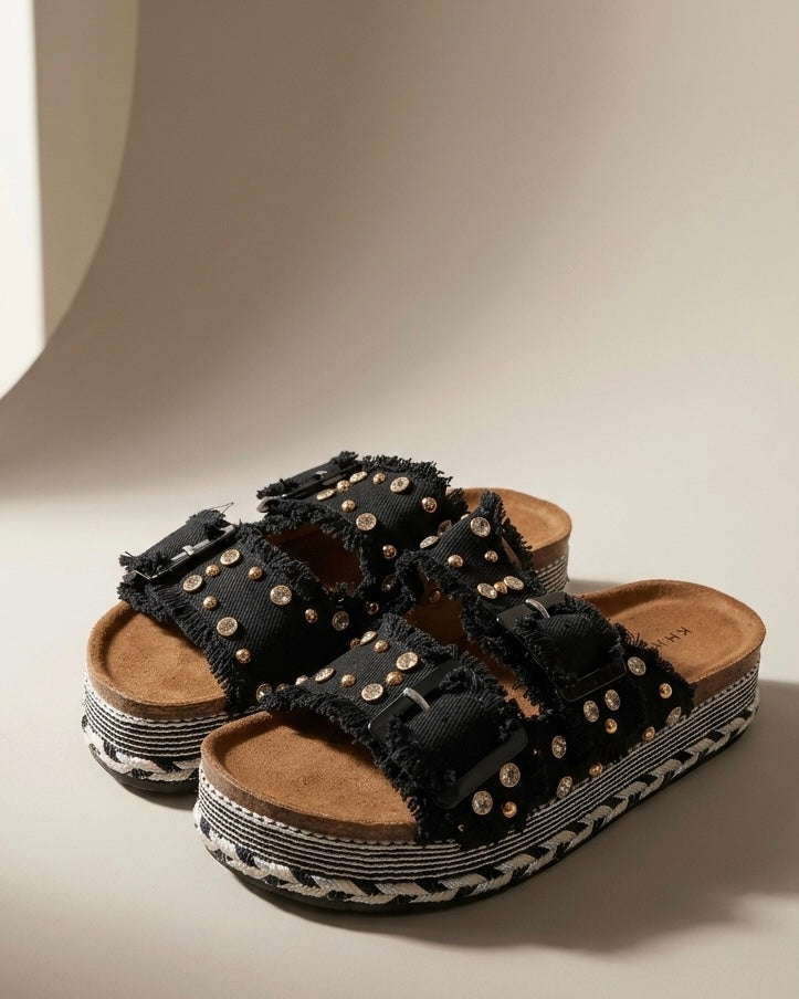 Ciabatte basse platform nere a doppia fascia con effetto sfilacciato, fibbie regolabili e strass brillanti - Buttò Calzature.