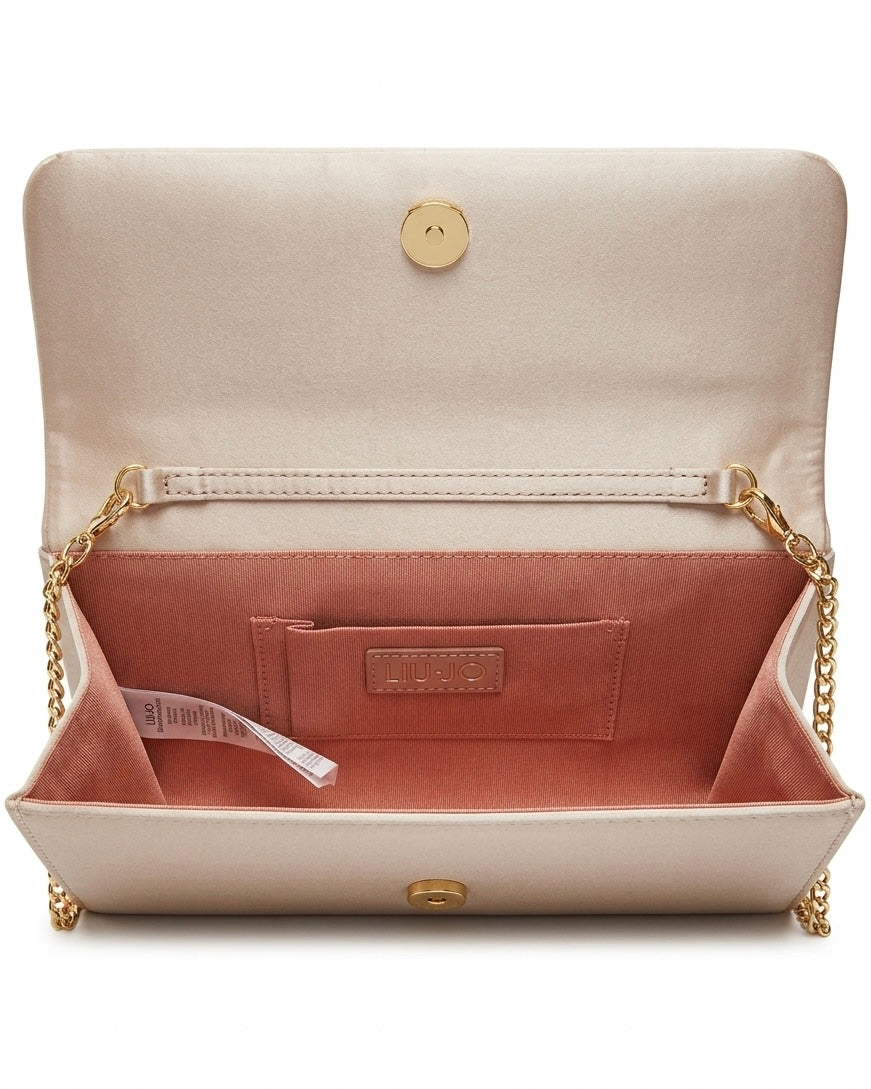 Pochette Liu Jo in satin beige con maxi fiocco frontale e tracolla a catena dorata-interno.
