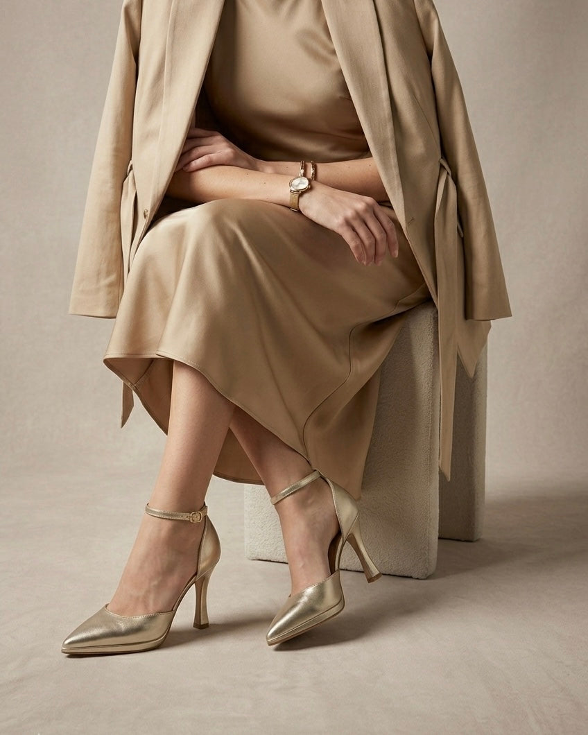 Scarpe décolleté eleganti color oro laminato, punta affusolata, tacco alto a rocchetto e cinturino sottile regolabile alla caviglia-modella.