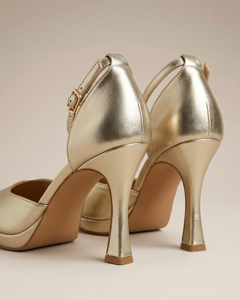 Scarpe décolleté eleganti color oro laminato, punta affusolata, tacco alto a rocchetto e cinturino sottile regolabile alla caviglia-retro.