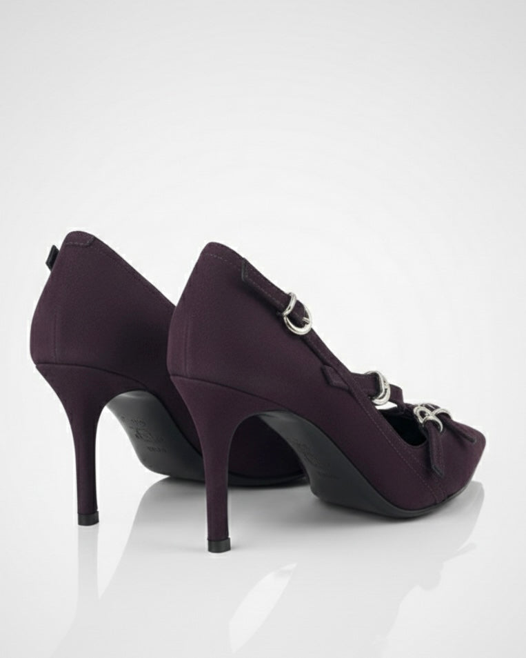 Scarpe décolleté vinaccio scamosciate a punta con triplo cinturino alla caviglia e tacco a spillo - retro tacco.