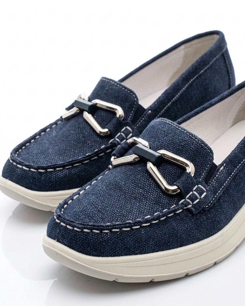 Mocassini iMac in Tessuto Denim Blu con Morsetto Argento e Suola Comfort
