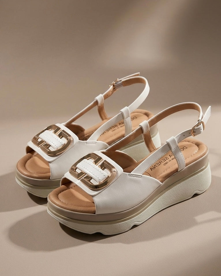 Sandali Donna Serena in pelle color platino/oro con fasce incrociate, cinturino regolabile e plantare con tecnologia DS Gel ammortizzante.