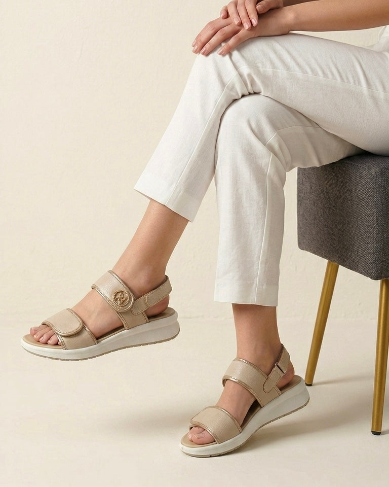 Sandali donna Igi&Co in pelle beige e oro con doppie fasce a strappo e suola ammortizzata bianca - Buttò Calzature - modella.