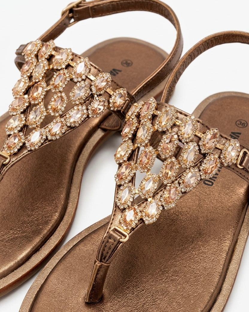 Sandali infradito Valleverde donna color bronzo metallizzato con scudo geometrico di pietre gioiello ambra e strass - Buttò Calzature - dettaglio.