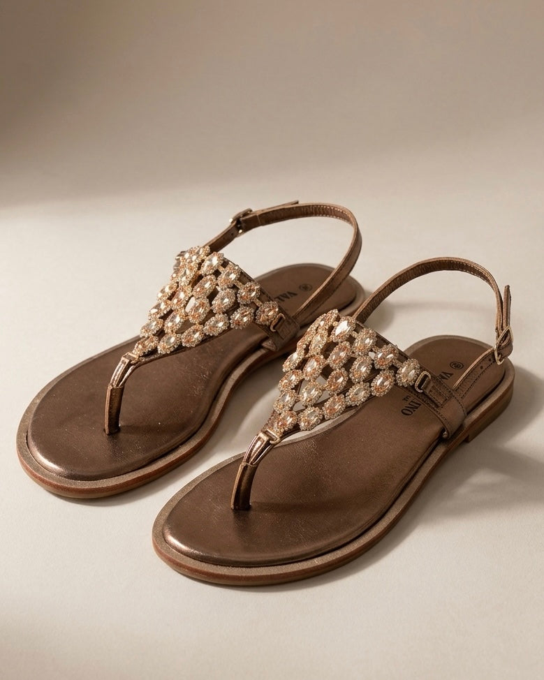 Sandali infradito Valleverde donna color bronzo metallizzato con scudo geometrico di pietre gioiello ambra e strass - Buttò Calzature.