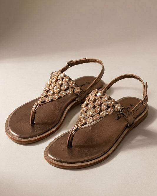 Sandali infradito Valleverde donna color bronzo metallizzato con scudo geometrico di pietre gioiello ambra e strass - Buttò Calzature.