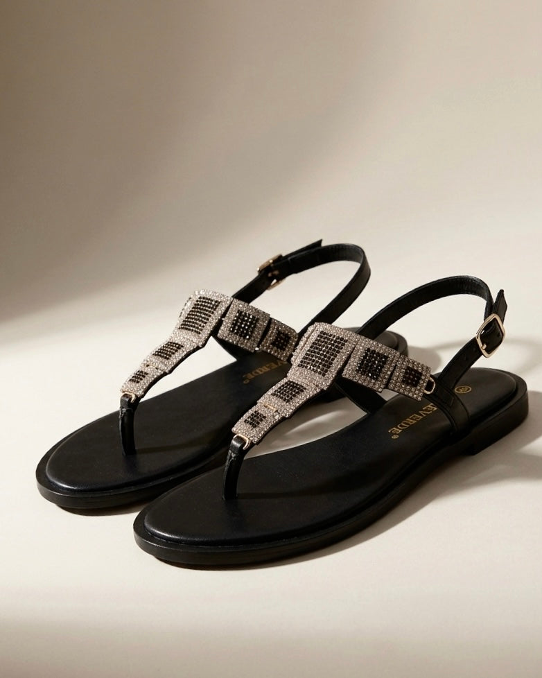 Sandali infradito Valleverde neri da donna con fasce geometriche ricoperte di strass e cinturino alla caviglia - Buttò Calzature.