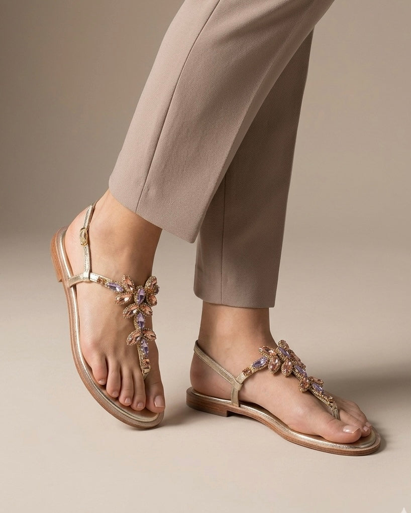 Sandali infradito Valleverde donna oro con maxi pietre gioiello color ambra, pesca e lilla e cinturino sottile - Buttò Calzature - indossati.