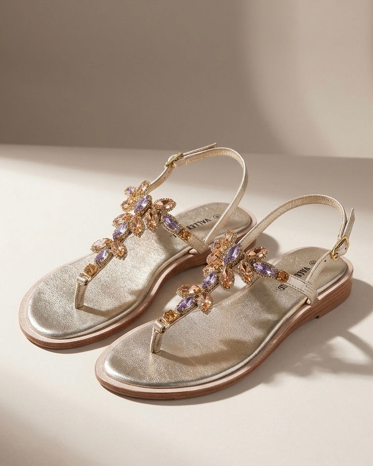 Sandali infradito Valleverde donna oro con maxi pietre gioiello color ambra, pesca e lilla e cinturino sottile - Buttò Calzature.
