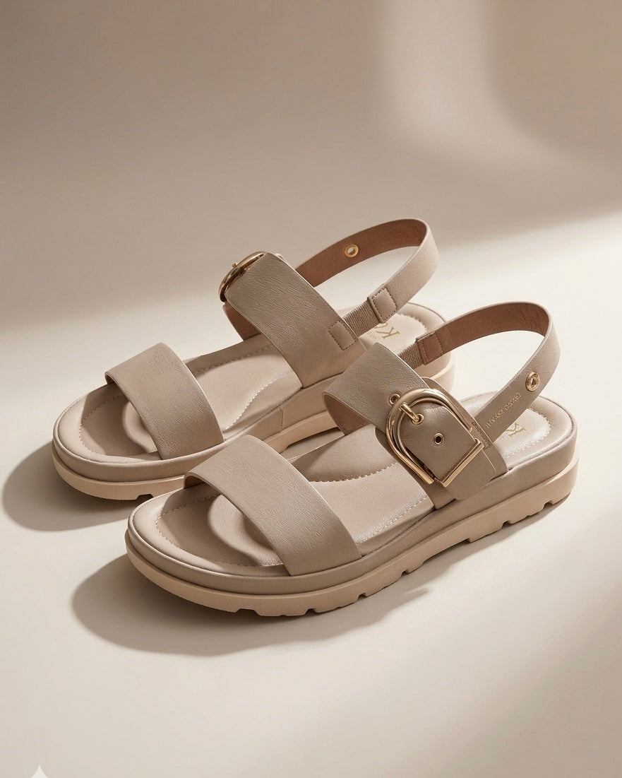 Sandali Keys beige nude a doppia fascia con maxi fibbia dorata e suola platform.