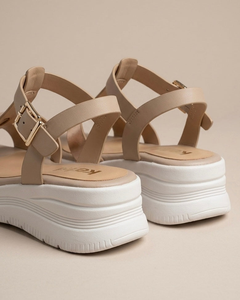 Sandali Keys donna beige con fasce in pelle metallizzata oro rosa, struttura a ragno e suola platform bianca - Buttò Calzature - retro.