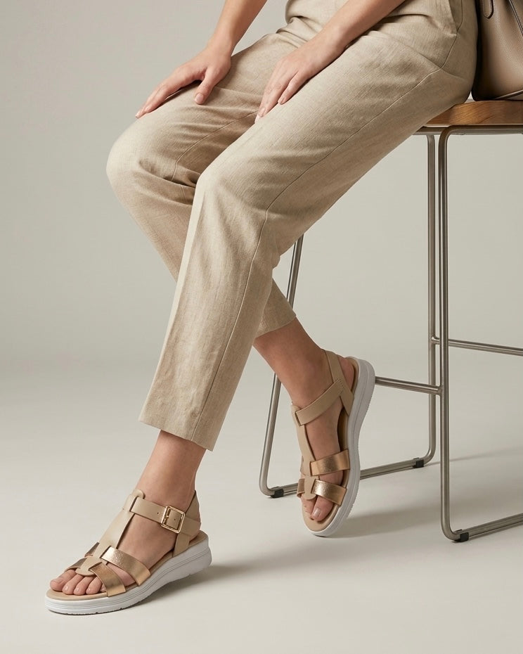 Sandali Keys donna beige con fasce in pelle metallizzata oro rosa, struttura a ragno e suola platform bianca - Buttò Calzature - modella.