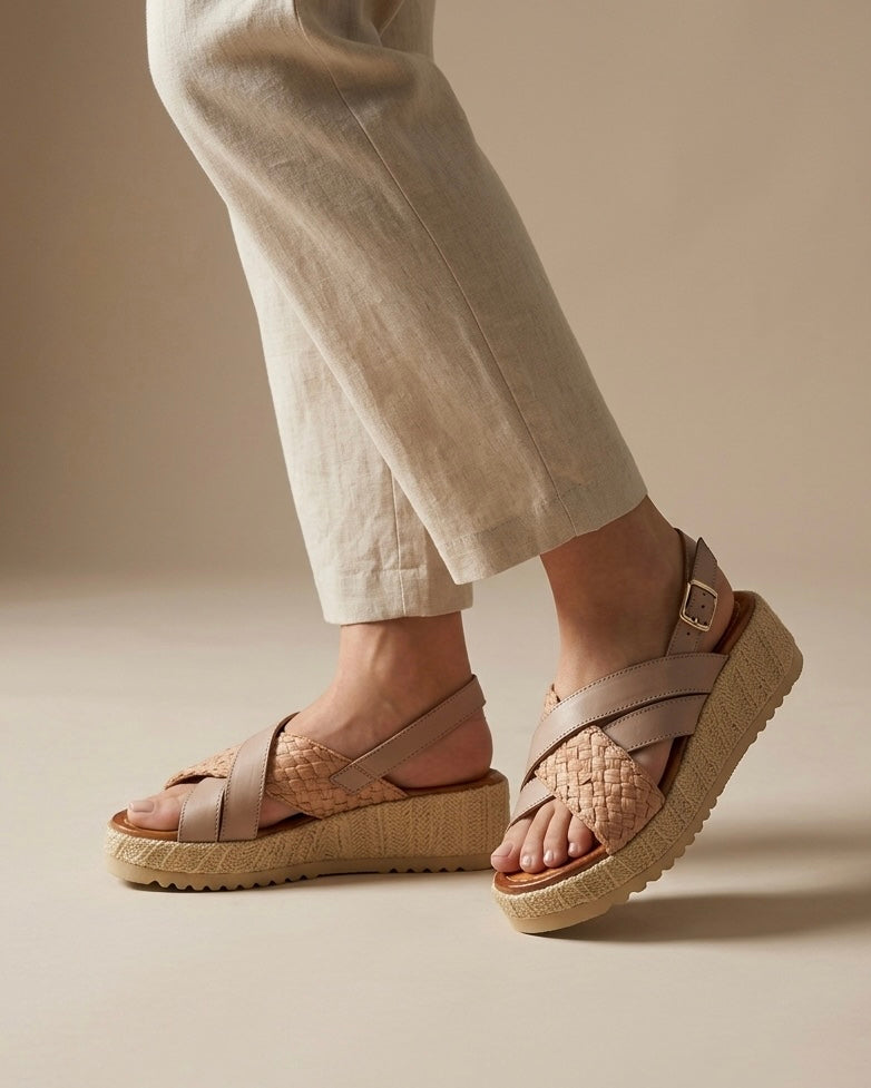 Sandali donna Keys con zeppa platform in corda, fasce incrociate color nude e cinturino regolabile alla caviglia-indossati.