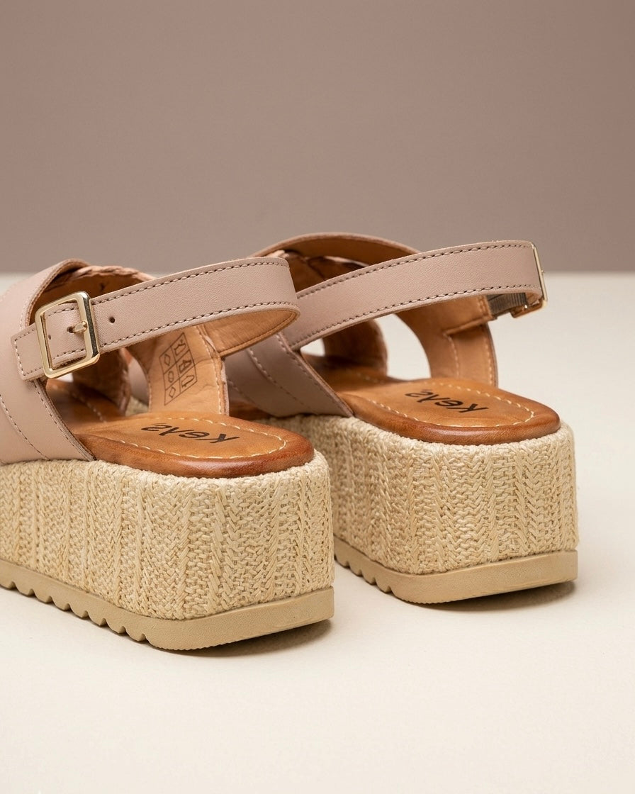 Sandali donna Keys con zeppa platform in corda, fasce incrociate color nude e cinturino regolabile alla caviglia-retro.