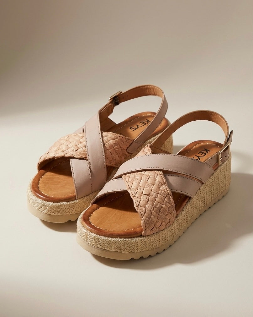 Sandali donna Keys con zeppa platform in corda, fasce incrociate color nude e cinturino regolabile alla caviglia.