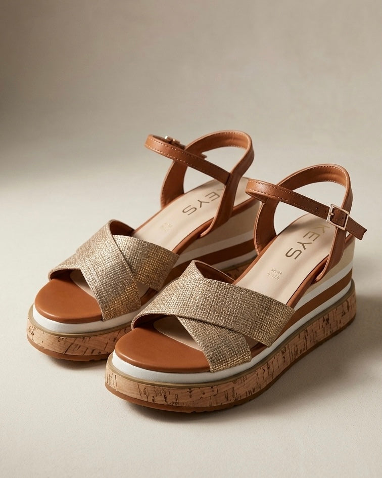 Sandali Keys donna con zeppa in sughero, fasce incrociate in tessuto intrecciato oro e cinturino cuoio - Buttò Calzature.
