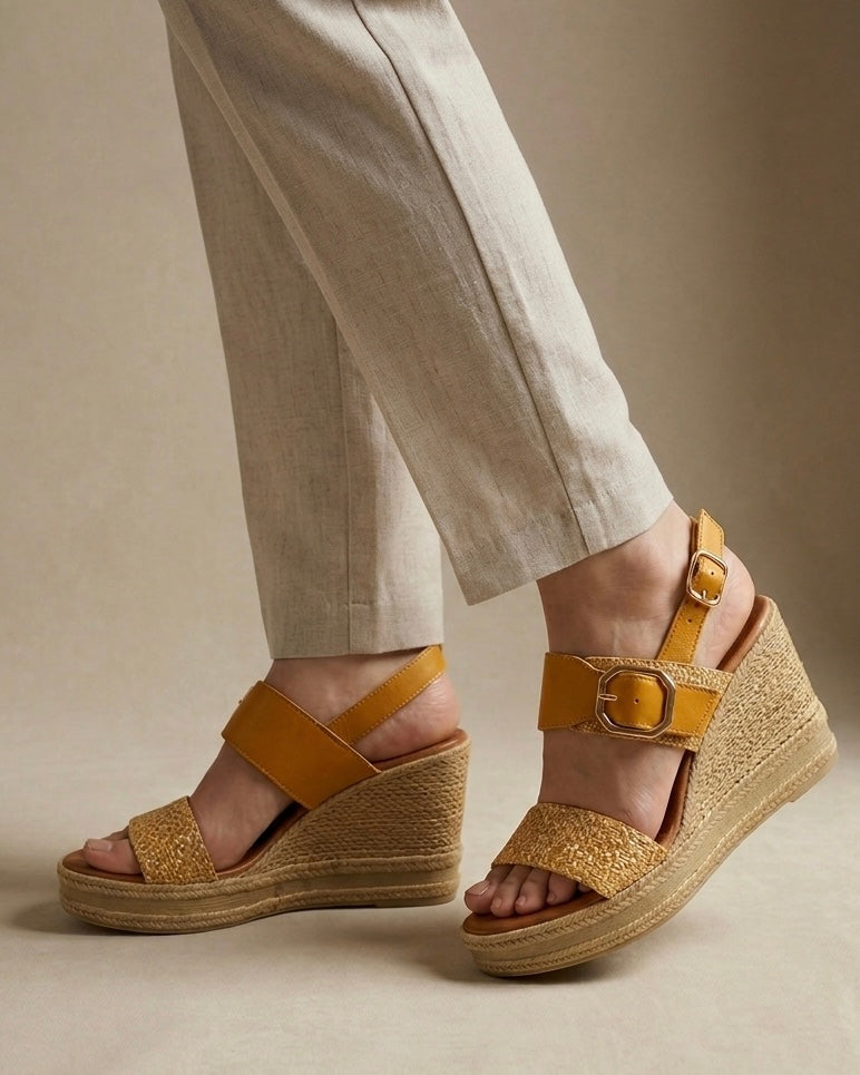 Sandali in vera pelle giallo senape con zeppa alta in corda e fascia anteriore intrecciata-indossati.