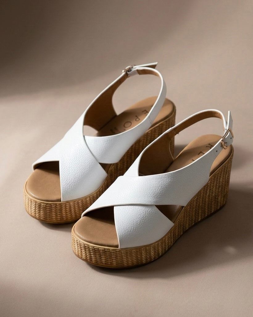 Sandali da donna marca REPO con alta zeppa intrecciata effetto naturale, tomaia in pelle bianca martellata a incrocio e cinturino slingback regolabile.