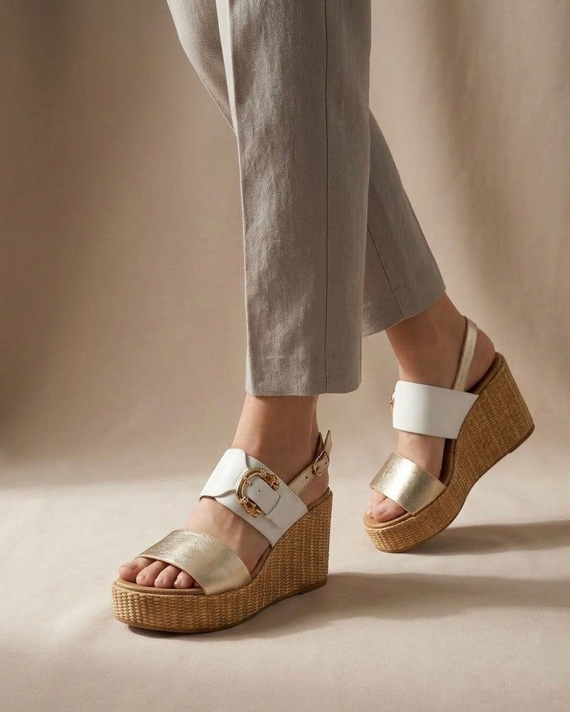 Sandali da donna REPO con zeppa alta intrecciata effetto corda, fascia anteriore oro laminato, fascia bianca e cinturino posteriore regolabile-indossati.