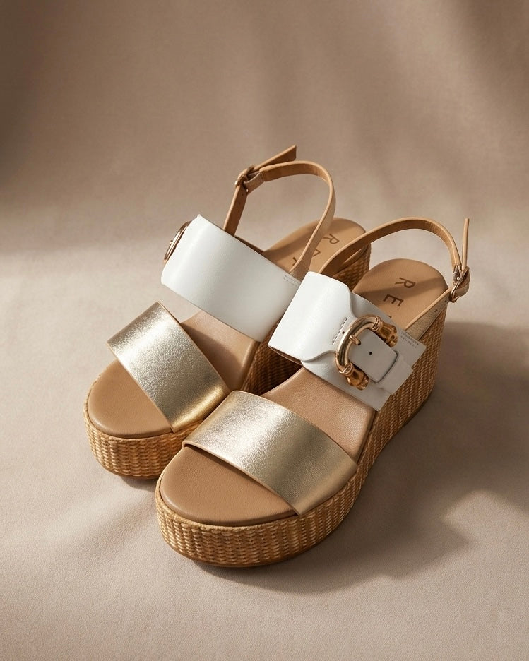 Sandali da donna REPO con zeppa alta intrecciata effetto corda, fascia anteriore oro laminato, fascia bianca e cinturino posteriore regolabile.