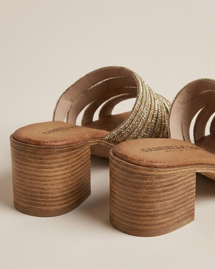 Sandali sabot color bronzo con tacco largo medio e pianta cuoio con fascia a listini sottili e micro-strass luminosi - Buttò Calzature - retro.