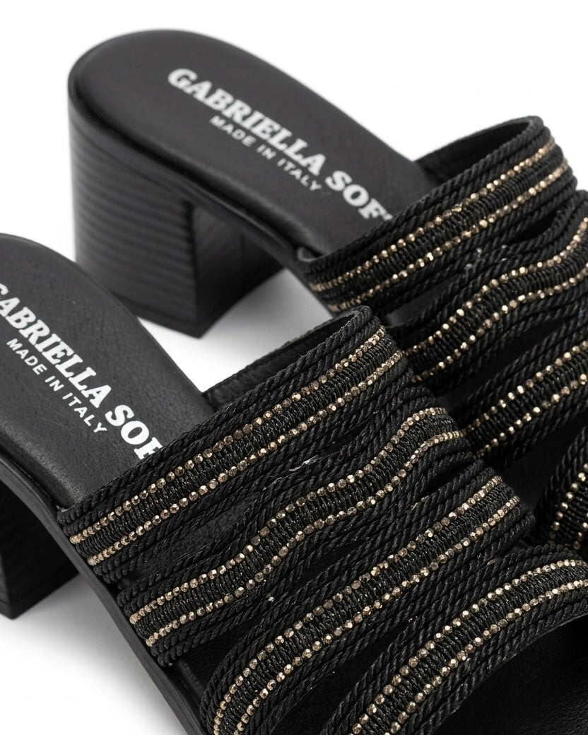 Sandali sabot neri con tacco largo medio e fascia a listini sottili con micro-strass brillanti - Buttò Calzature - dettaglio.