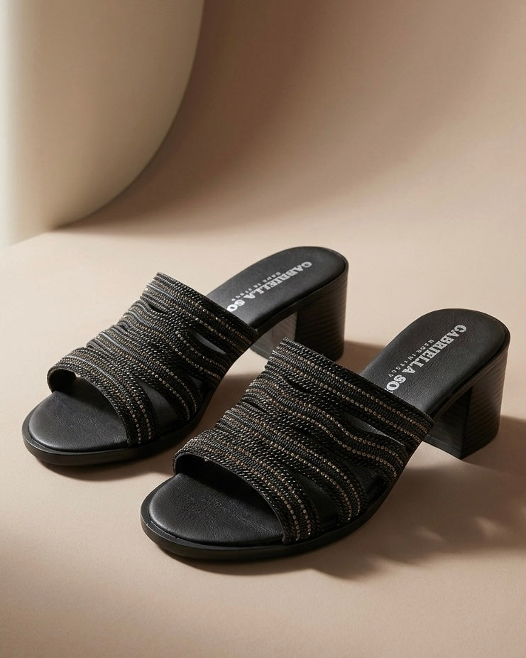 Sandali sabot neri con tacco largo medio e fascia a listini sottili con micro-strass brillanti - Buttò Calzature.