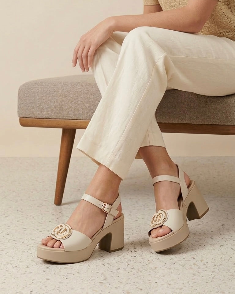 Sandali slingback da donna marca REPO color beige panna, con maxi fibbia logata dorata sulla fascia, cinturino regolabile e tacco largo con platform-modella.