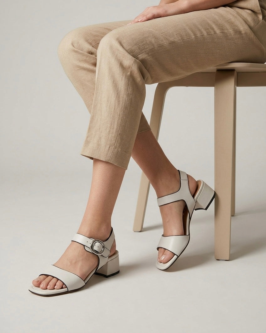Sandali donna Stonefly in vera pelle color bianco panna con tacco medio largo, profili neri e cinturino alla caviglia con fibbia argento-modella.