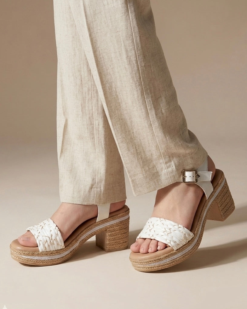 Sandali donna Valleverde bianchi con fascia anteriore intrecciata, cinturino alla caviglia con fibbia dorata e zeppa media rivestita in corda stile espadrillas-indossati.