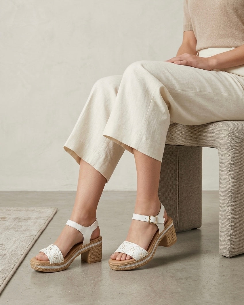Sandali donna Valleverde bianchi con fascia anteriore intrecciata, cinturino alla caviglia con fibbia dorata e zeppa media rivestita in corda stile espadrillas-modella.