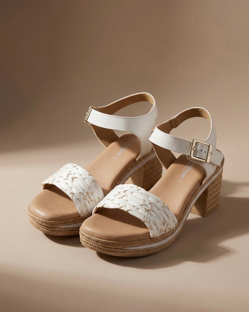 Sandali donna Valleverde bianchi con fascia anteriore intrecciata, cinturino alla caviglia con fibbia dorata e zeppa media rivestita in corda stile espadrillas.