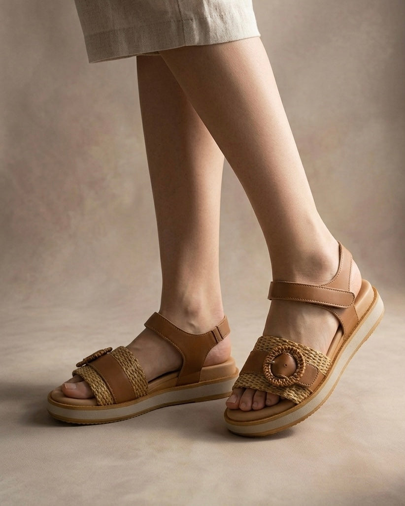 Sandali donna Valleverde color cuoio con fascia in paglia intrecciata, maxi fibbia tonda rivestita e suola platform sportiva bicolore-indossate.