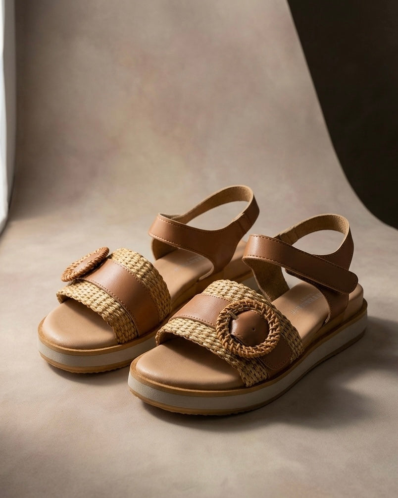 Sandali donna Valleverde color cuoio con fascia in paglia intrecciata, maxi fibbia tonda rivestita e suola platform sportiva bicolore.
