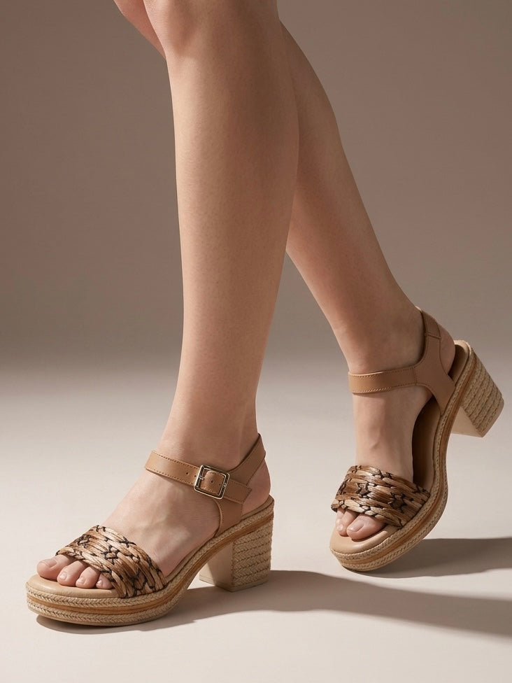Sandali donna Valleverde con fascia anteriore in materiale naturale intrecciato marrone e nero, cinturino alla caviglia in pelle cuoio con fibbia dorata e zeppa alta rivestita in corda-indossate.