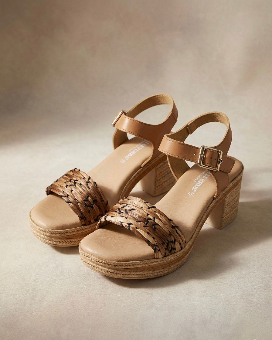 Sandali donna Valleverde con fascia anteriore in materiale naturale intrecciato marrone e nero, cinturino alla caviglia in pelle cuoio con fibbia dorata e zeppa alta rivestita in corda.